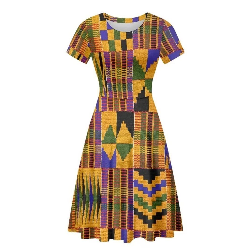 3138 African Dress Elegant A-Line Swing Dresses Vintage Casual Short Sleeve